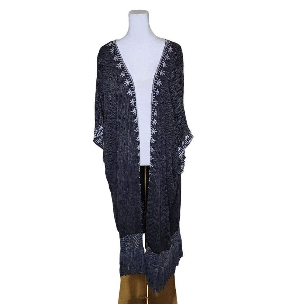 Easel Open Front Duster Long Coverup Womens Size M Gray Fringe